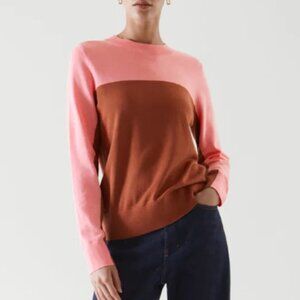 COS Colorblock Cotton Fine-Knit Pink & Chestnut Brown Crewneck Sweater‎ Top Sz S